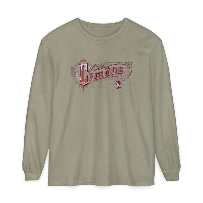 Cross Stitch Long Sleeve T-Shirt Garment Dyed Cotton