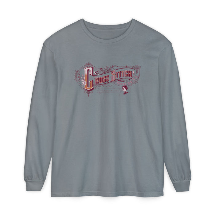 Cross Stitch Long Sleeve T-Shirt Garment Dyed Cotton