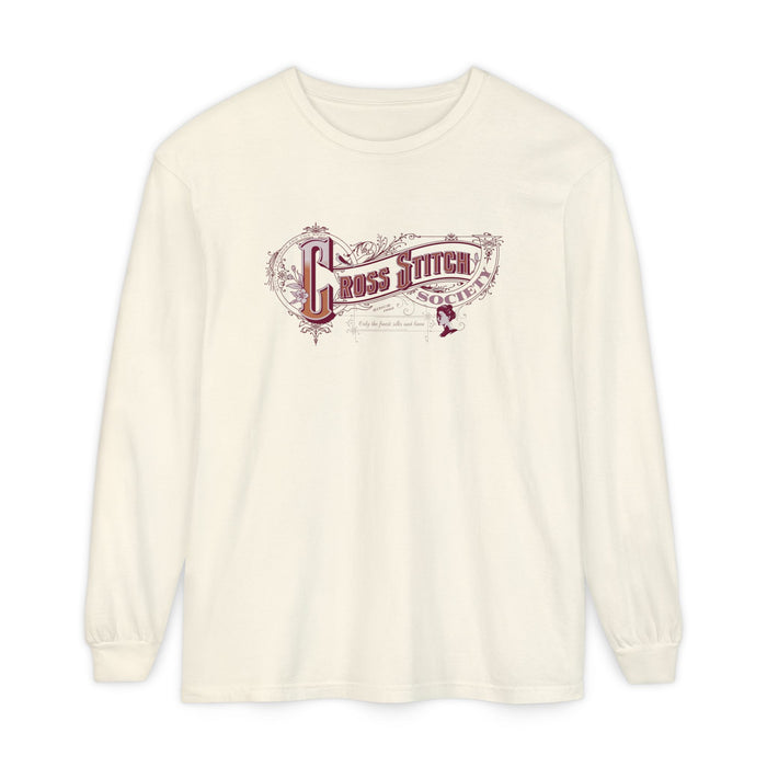 Cross Stitch Long Sleeve T-Shirt Garment Dyed Cotton