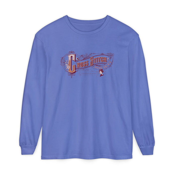 Cross Stitch Long Sleeve T-Shirt Garment Dyed Cotton