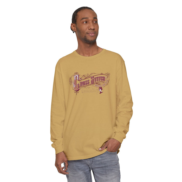Cross Stitch Long Sleeve T-Shirt Garment Dyed Cotton
