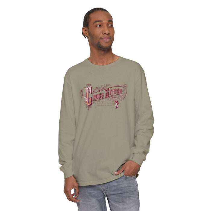 Cross Stitch Long Sleeve T-Shirt Garment Dyed Cotton