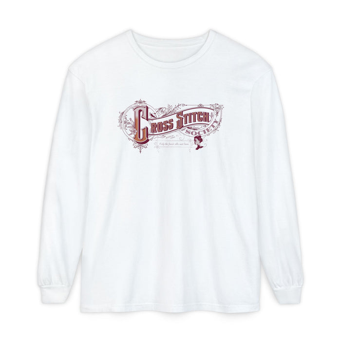Cross Stitch Long Sleeve T-Shirt Garment Dyed Cotton