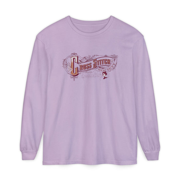 Cross Stitch Long Sleeve T-Shirt Garment Dyed Cotton