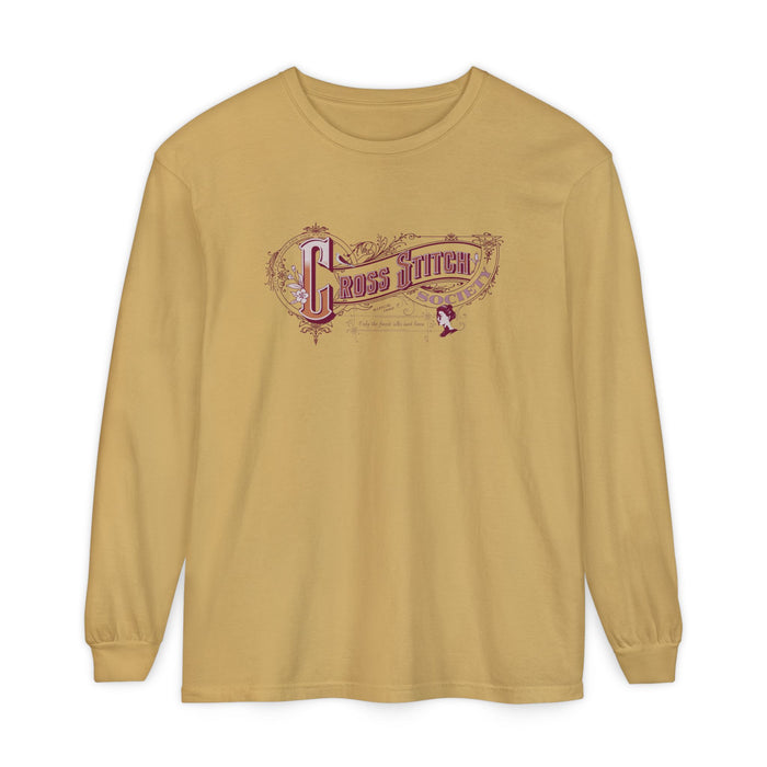 Cross Stitch Long Sleeve T-Shirt Garment Dyed Cotton