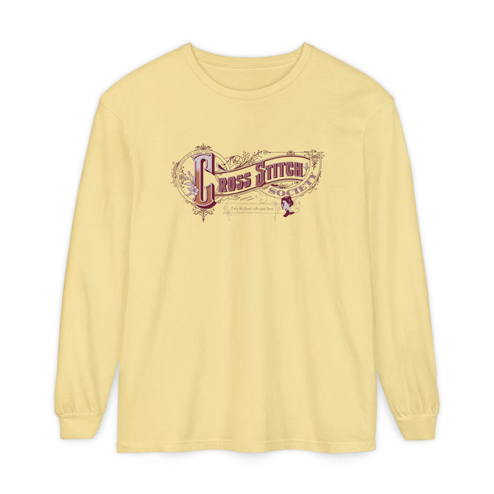 Cross Stitch Long Sleeve T-Shirt Garment Dyed Cotton